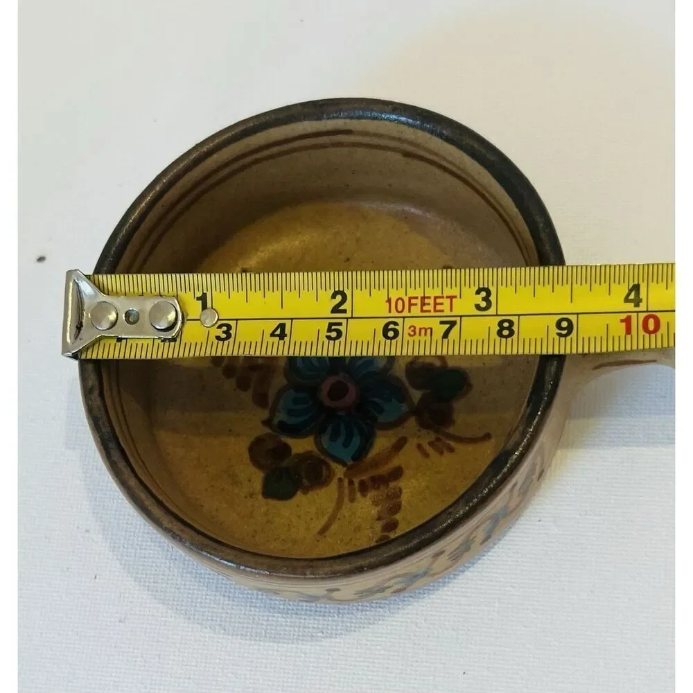 Algarve Portugal Pottery Brown Lug Handle Bowl #77 Flowers‎ 1.5 in. H Vintage